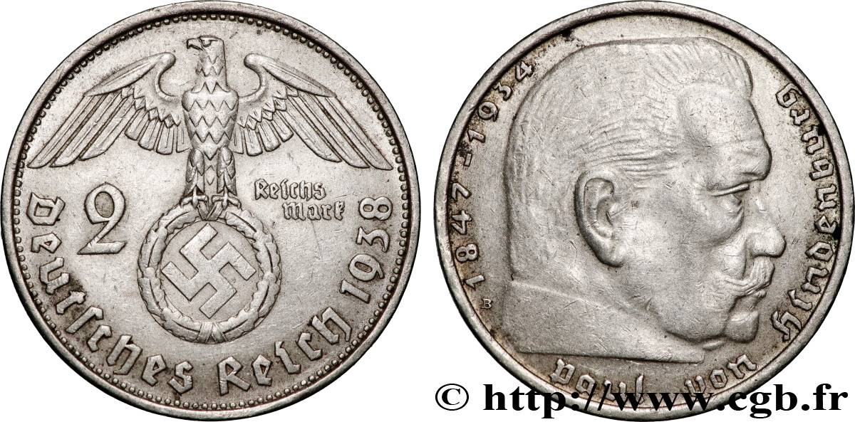 ALLEMAGNE 2 Reichsmark Maréchal Paul von Hindenburg 1938 Vienne TTB 