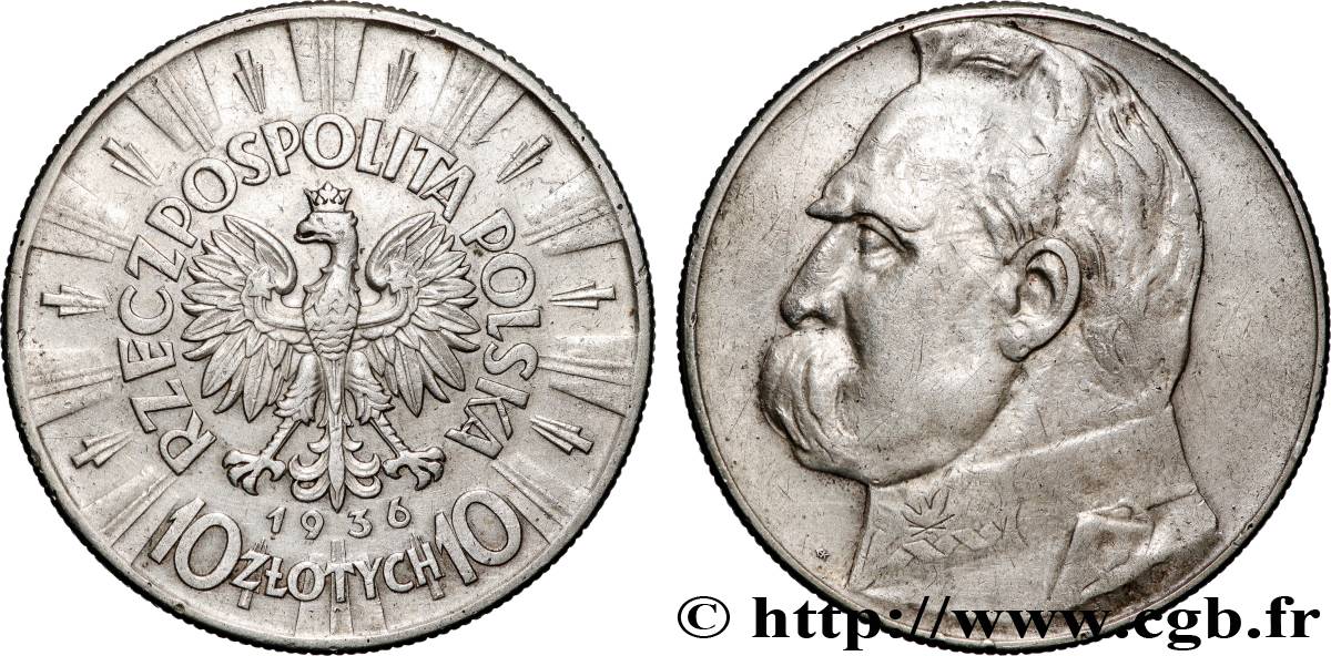 POLONIA 10 Zlotych Maréchal Pilsudski 1936 Varsovie MBC 