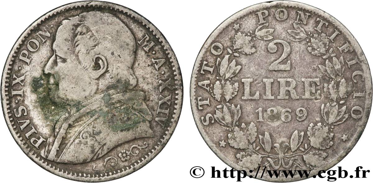 VATICAN AND PAPAL STATES 2 Lire Pie IX an XXIV 1869 Rome VF 