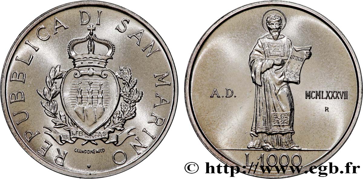 SAN MARINO 1000 Lire 15e anniversaire de la reprise des frappes monétaires 1987 Rome - R SC 