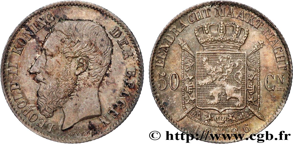 BELGIQUE 50 Centiemen (Centimes) Léopold II 1886  SUP 