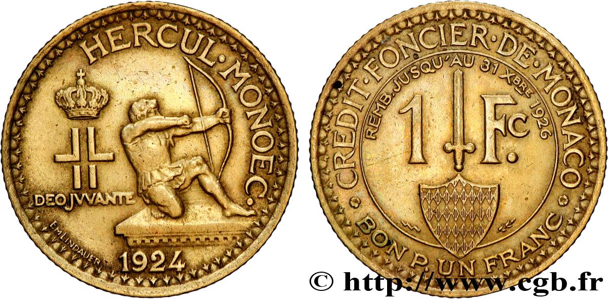 MONACO 1 Franc émission du Crédit Foncier de Monaco 1924 Poissy TTB+ 