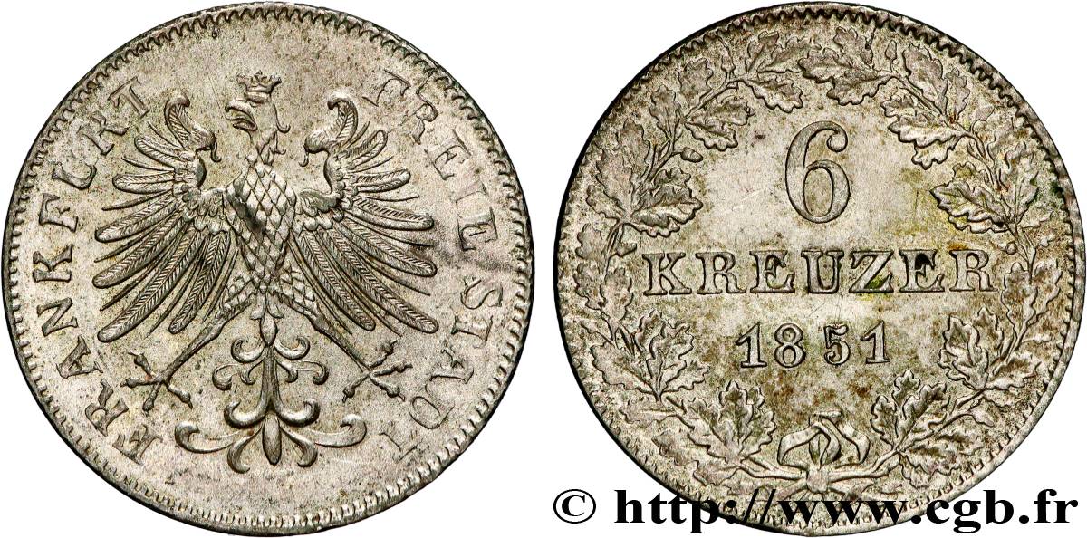 ALEMANIA - CIUDAD LIBRE DE FRáNCFORT 6 Kreuzer Ville libre de Francfort 1851 Francfort EBC 
