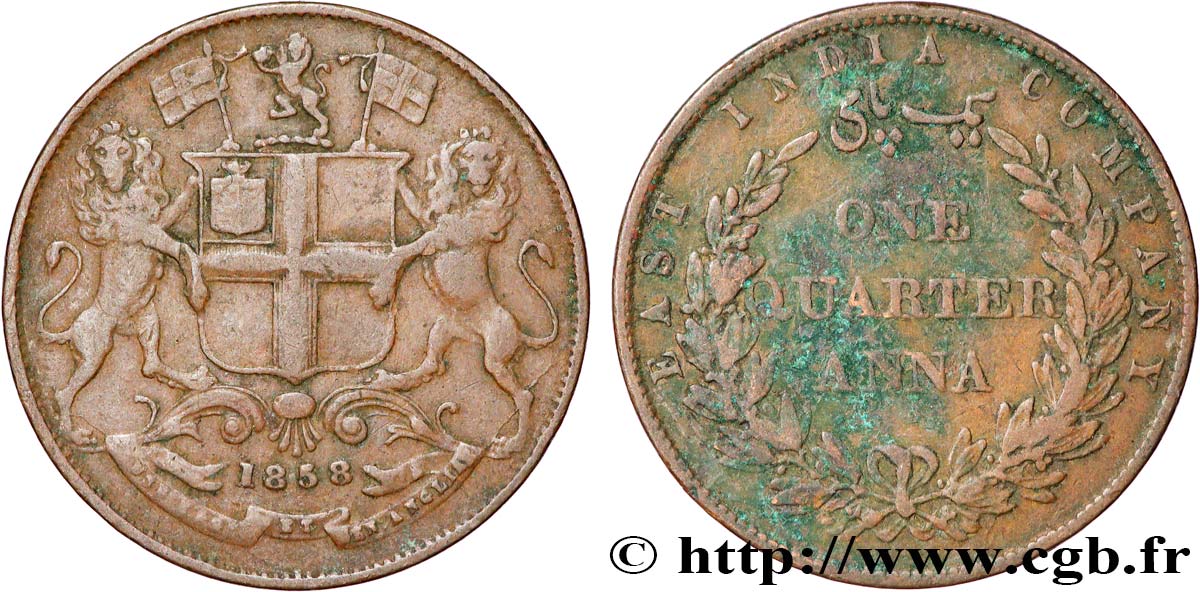 INDES BRITANNIQUES 1/4 Anna East India Company 1858  TB+ 