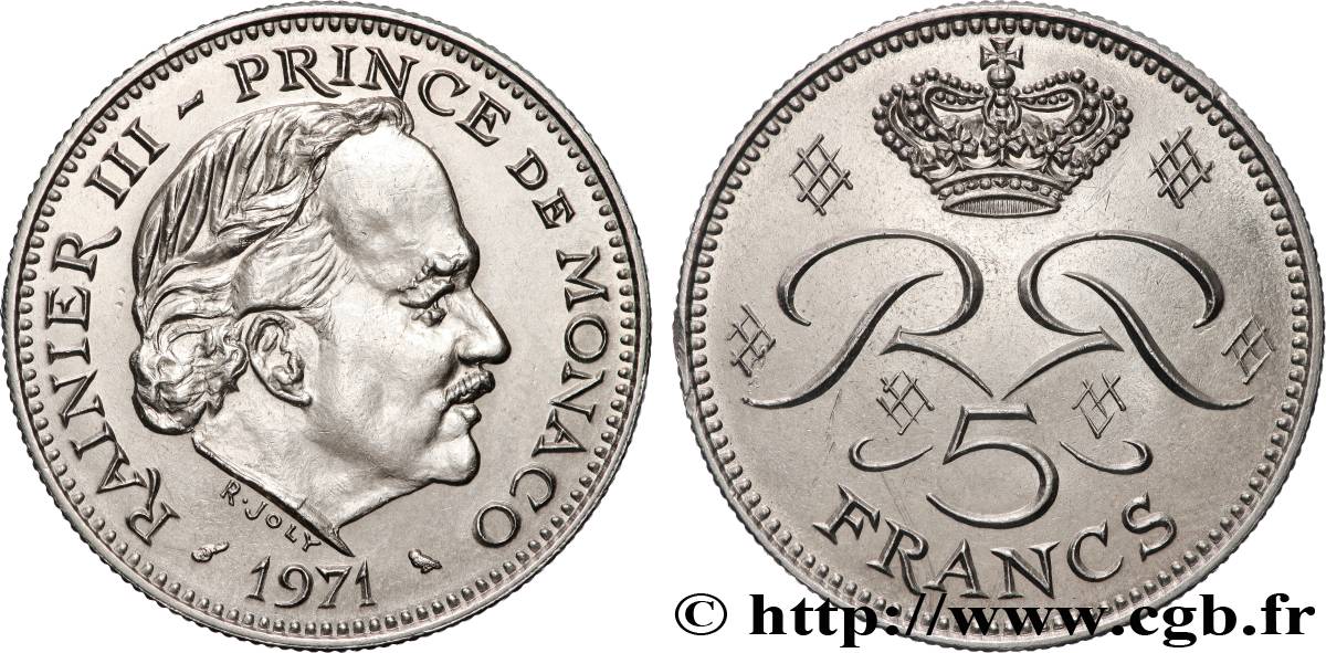 MONACO 5 Francs Rainier III 1971 Paris MS 