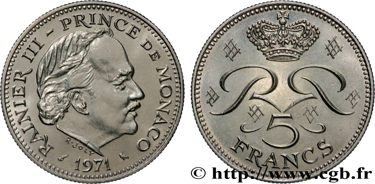 MONACO 5 Francs Rainier III 1971 Paris MS 