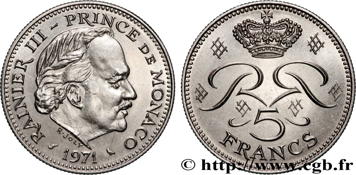 MONACO 5 Francs Rainier III 1971 Paris MS 