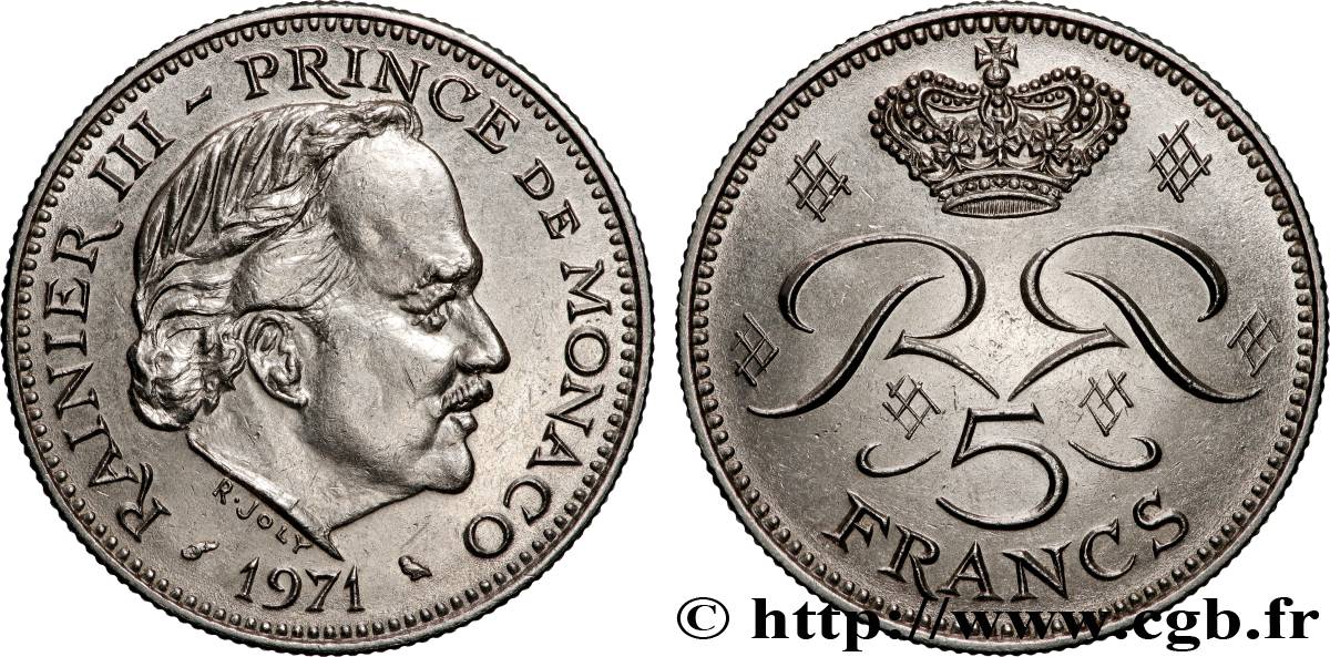 MONACO 5 Francs Rainier III 1971 Paris MS 