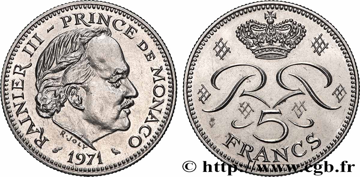 MONACO 5 Francs Rainier III 1971 Paris MS 