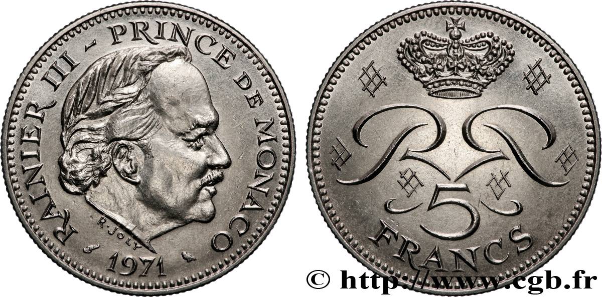MONACO 5 Francs Rainier III 1971 Paris MS 