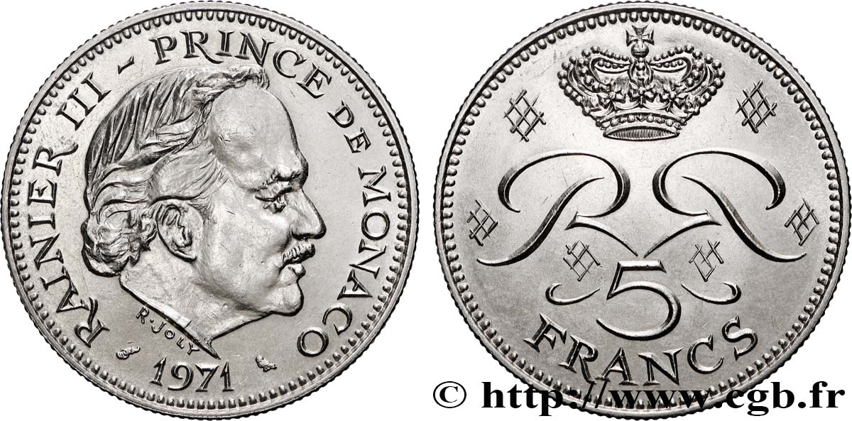 MONACO 5 Francs Rainier III 1971 Paris MS 