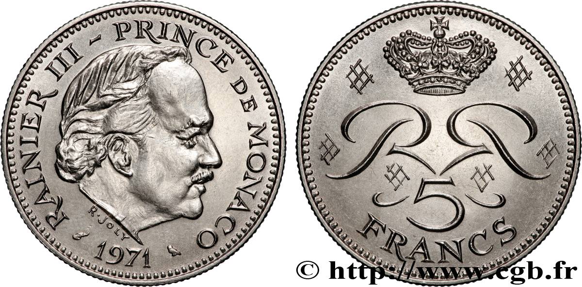 MONACO 5 Francs Rainier III 1971 Paris MS 