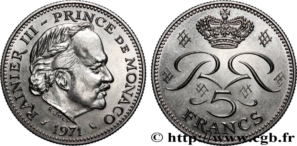 MONACO 5 Francs Rainier III 1971 Paris MS 