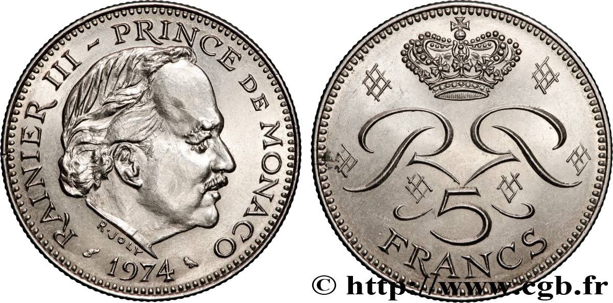 MONACO 5 Francs Rainier III 1974 Paris MS 