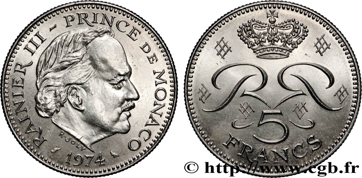 MONACO 5 Francs Rainier III 1974 Paris MS 