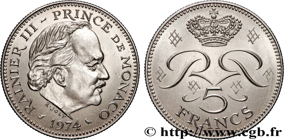MONACO 5 Francs Rainier III 1974 Paris MS 