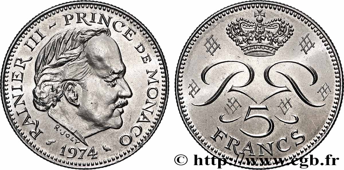 MONACO 5 Francs Rainier III 1974 Paris MS 