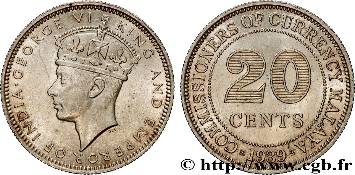 MALESIA - INSEDIAMENTI DELLO STRETTO 20 Cents Straits Settlements Georges VI 1939  SPL 