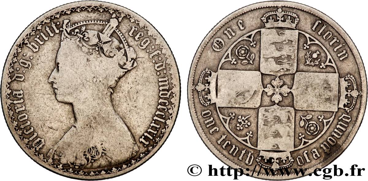 UNITED KINGDOM 1 Florin Victoria couronnée style gothique 1879 Londres VF 