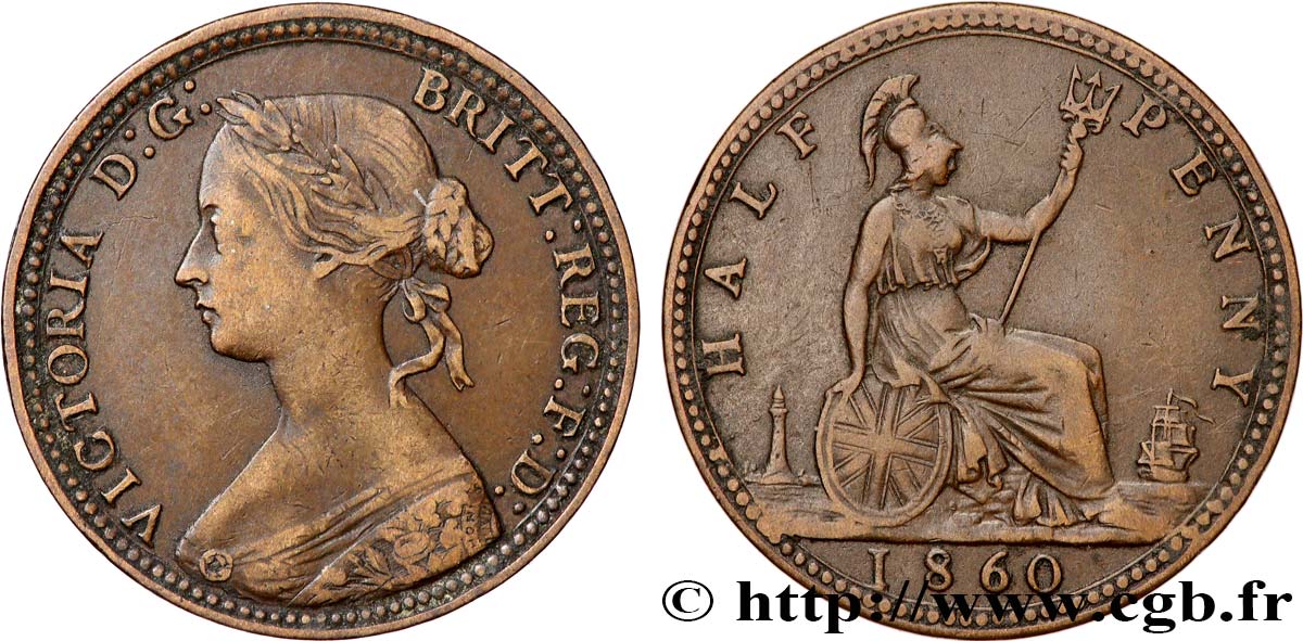 UNITED KINGDOM 1/2 Penny Victoria “Bun Head” 1860  VF 