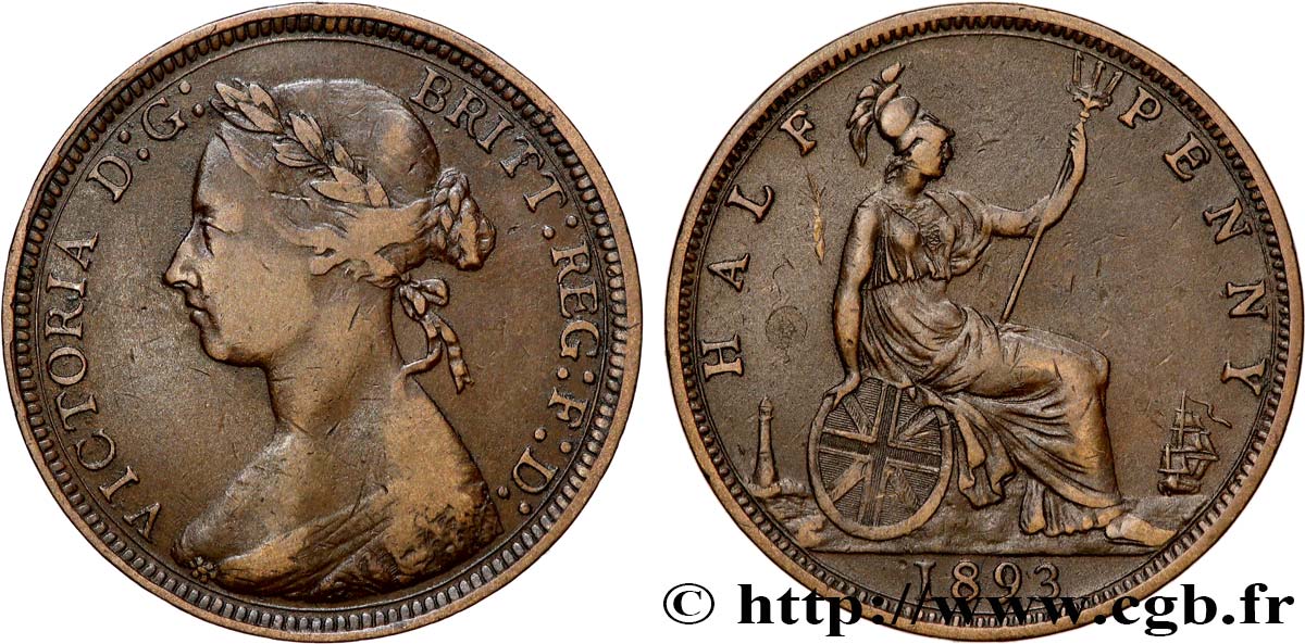 UNITED KINGDOM 1/2 Penny 1893  XF 