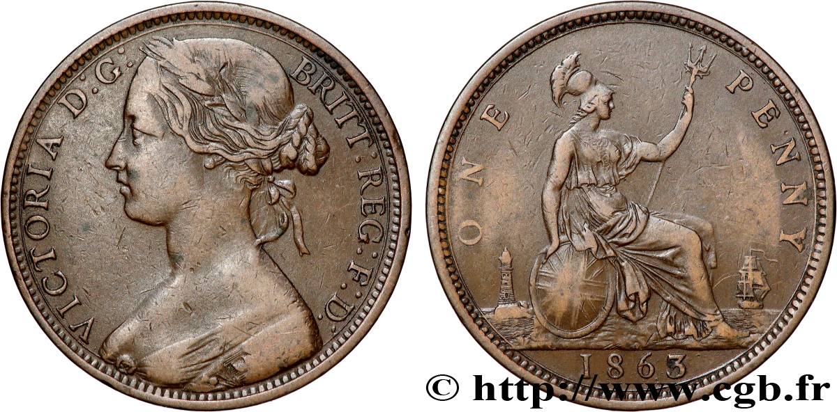 UNITED KINGDOM 1 Penny Victoria “Bun Head” 1863  XF 
