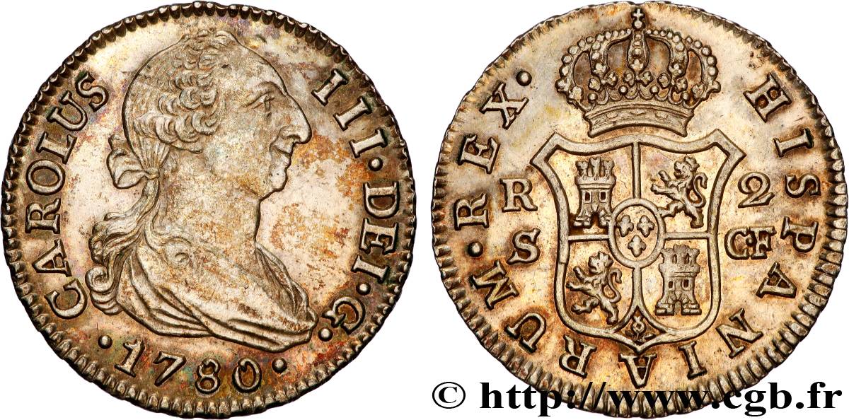 SPAIN - KINGDOM OF SPAIN - CHARLES III 2 Reales 1780 Séville AU 