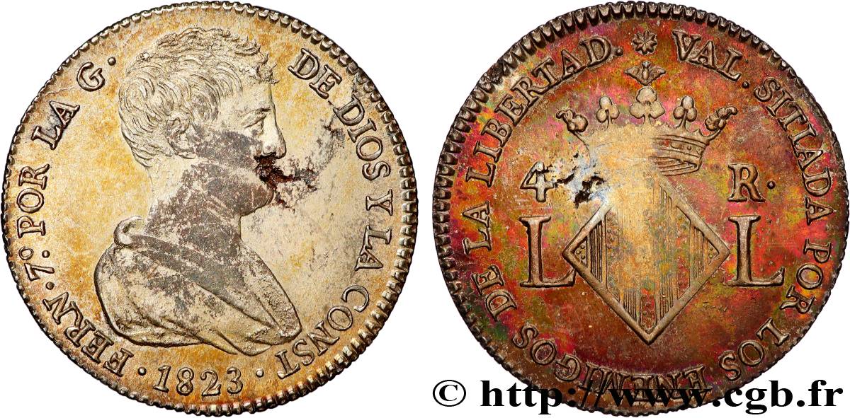 ESPAGNE - ROYAUME D ESPAGNE - FERDINAND VII 4 Reales  1823 Valence TTB+ 