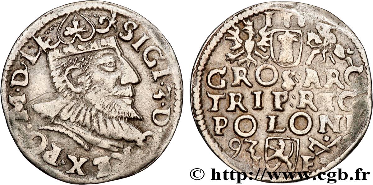 POLAND - SIGISMUND III VASA 3 Groschen ou trojak ryski 1593 Poznan XF 