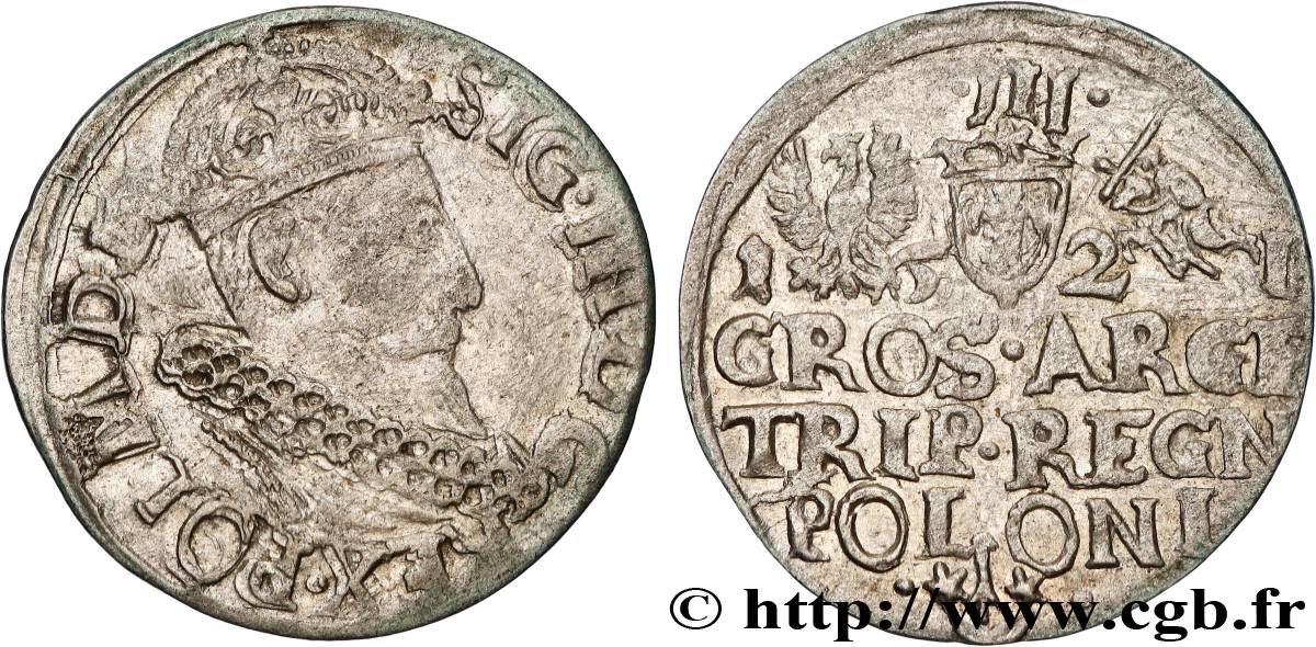 POLAND - SIGISMUND III VASA Trois groschen ou trojak koronny 1521 Cracovie XF 