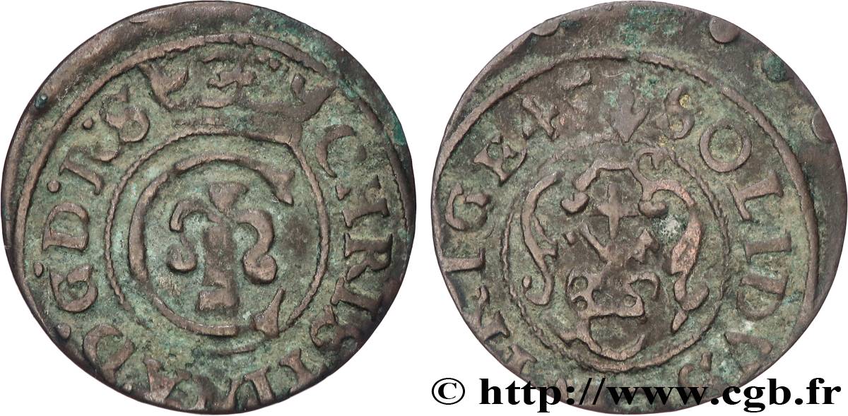 SWEDISH LIVONIA 1 Solidus (Schilling) au nom de Christine de Suède 1645 Riga VF 