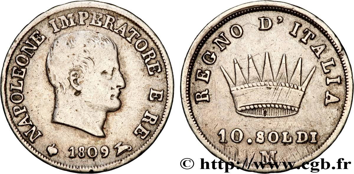 ITALY - KINGDOM OF ITALY - NAPOLEON I 10 Soldi  1809 Milan - M XF 