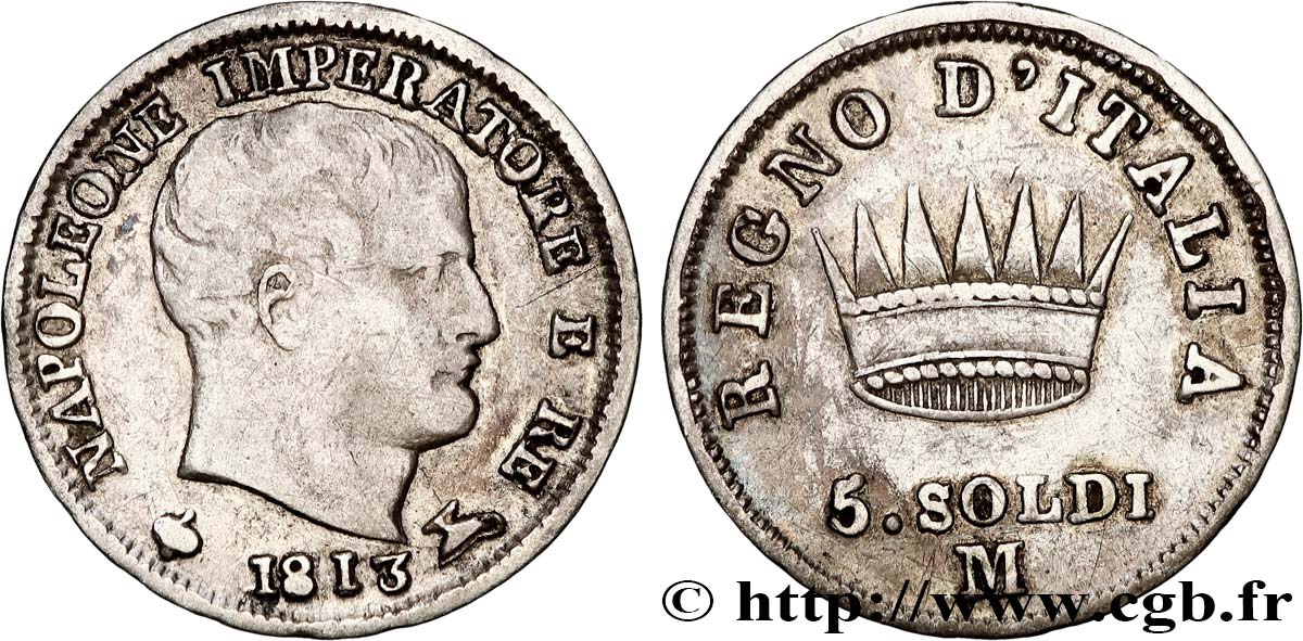 ITALY - KINGDOM OF ITALY - NAPOLEON I 5 Soldi 1813 Milan - M VF 
