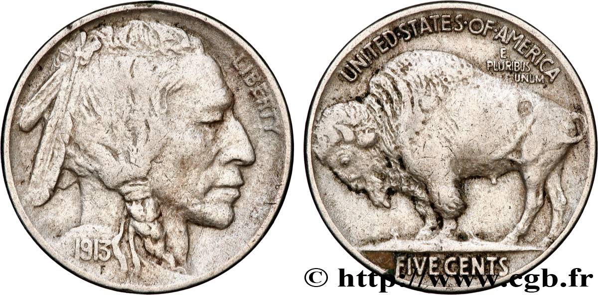 UNITED STATES OF AMERICA 5 Cents Tête d’indien ou Buffalo 1913 Philadelphie VF 