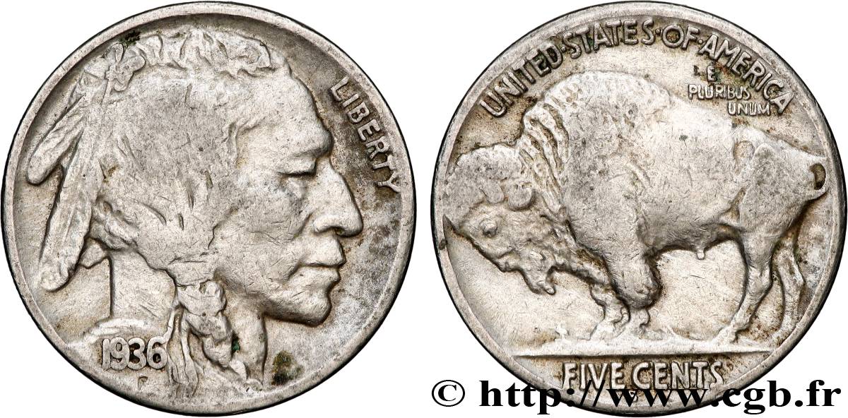 UNITED STATES OF AMERICA 5 Cents Tête d’indien ou Buffalo 1936 Philadelphie VF 