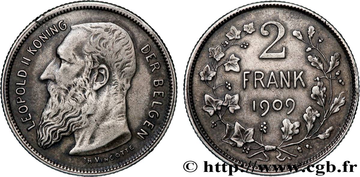BELGIUM 2 Frank (Francs) Léopold II légende flamande 1909  XF 