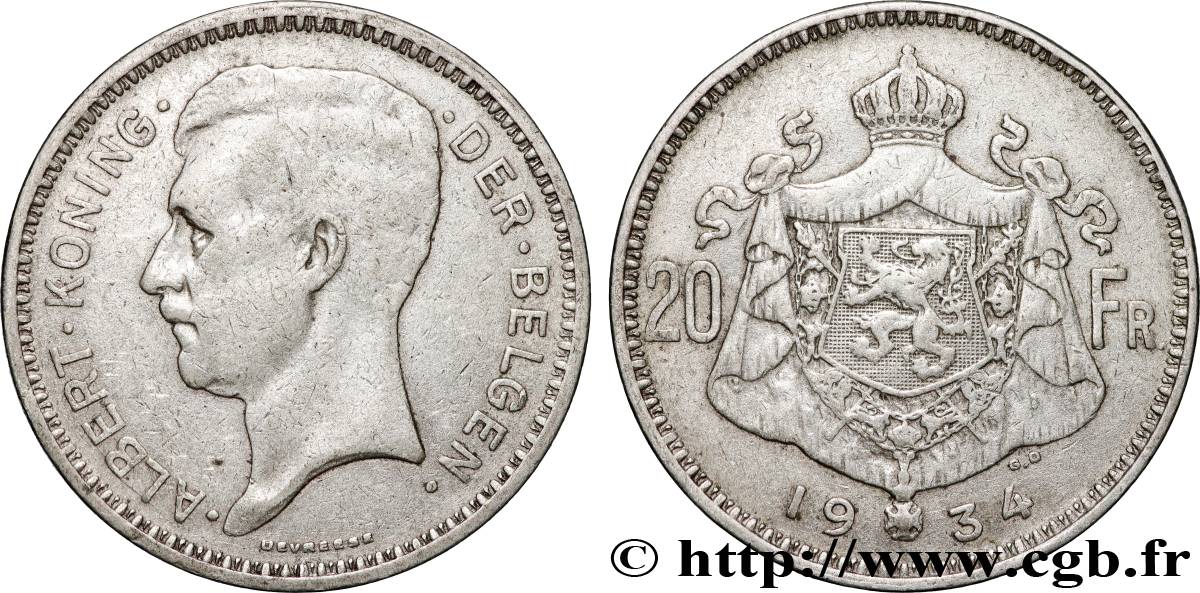 BELGIEN 20 Francs Albert Ier légende Flamande 1934  SS 