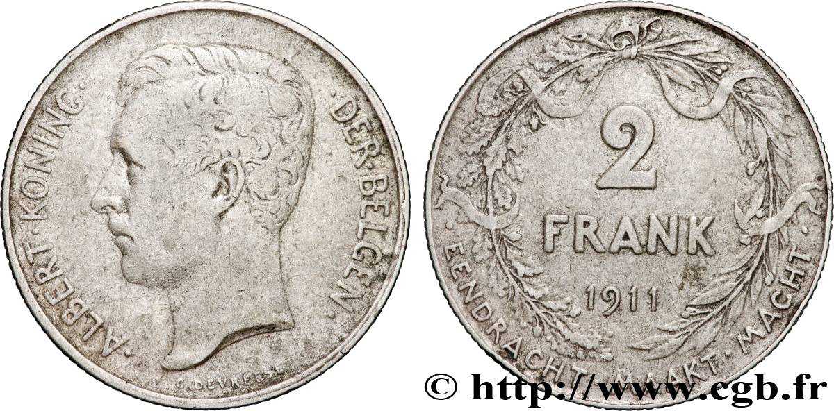 BELGIQUE 2 Frank (Francs) Albert Ier légende flamande 1911 Bruxelles TB+ 