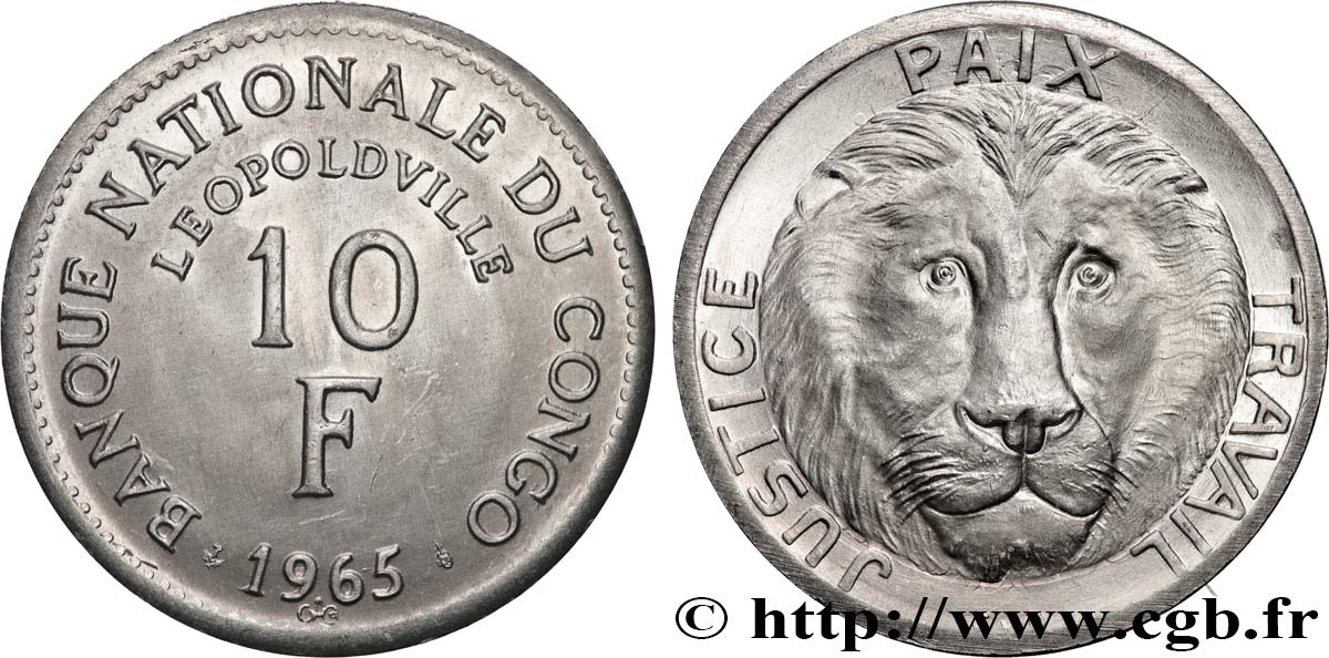 CONGO, DEMOCRATIC REPUBLIC 10 Francs Banque Nationale du Congo / lion 1965 Bruxelles AU 