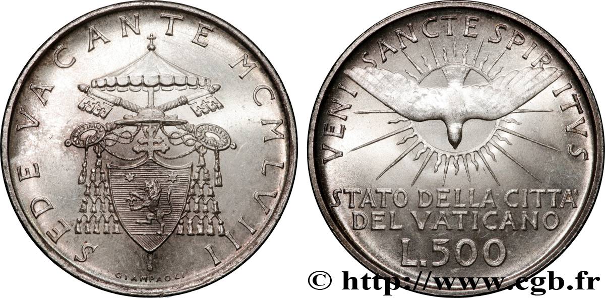 VATICAN ET ÉTATS PONTIFICAUX 500 Lire Sede Vacante Colombe 1958 Rome SPL 