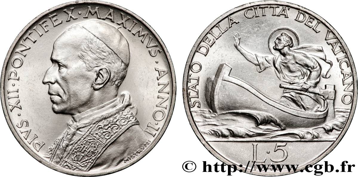 VATICAN AND PAPAL STATES 5 Lire Pie XII an II 1940 Rome MS 