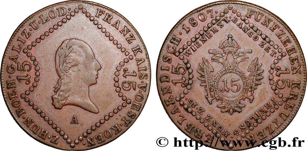 AUSTRIA 15 Kreuzer empereur François Ier 1807 Vienne q.SPL 