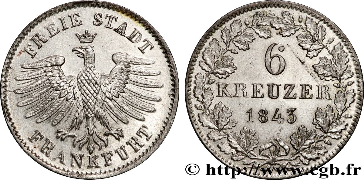 DEUTSCHLAND - FRANKFURT FREIE STADT 6 Kreuzer 1843 Francfort VZ 