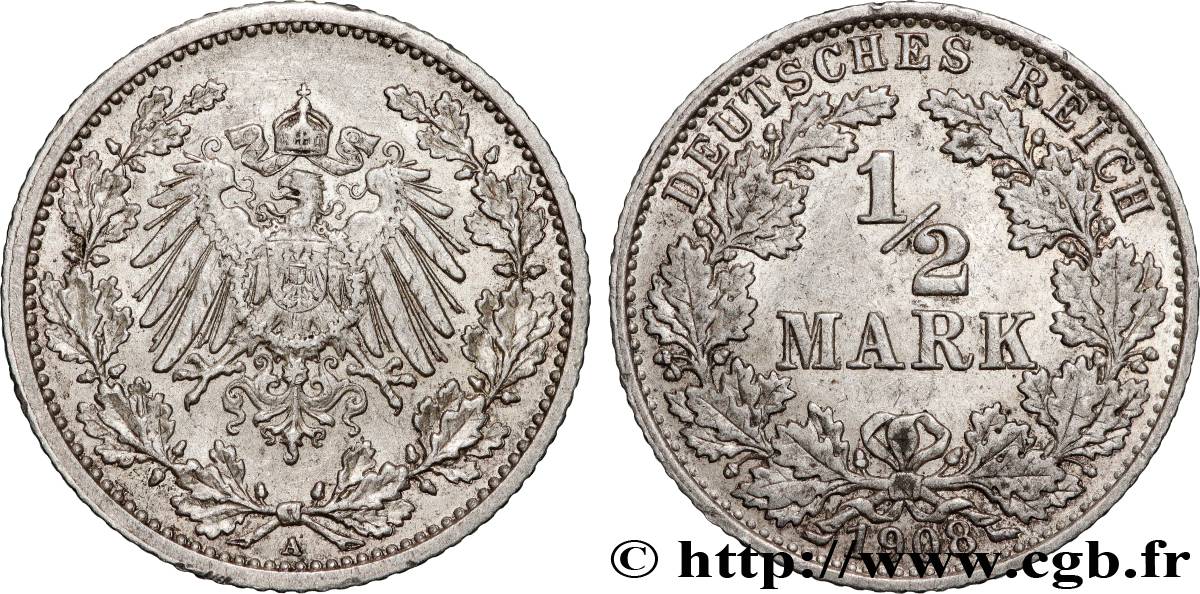 ALLEMAGNE 1/2 Mark Empire aigle impérial 1908 Berlin TTB 