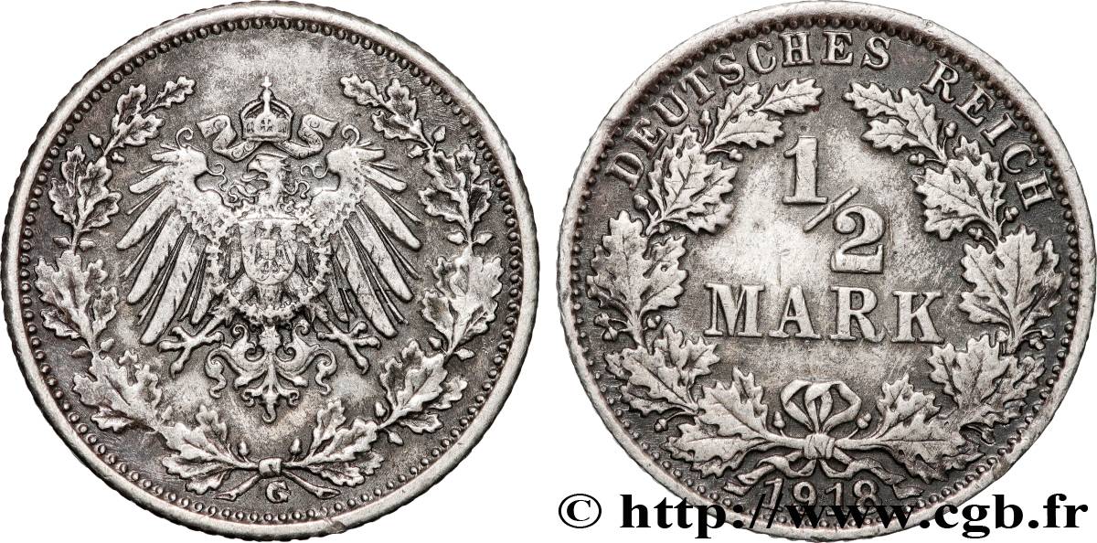 ALLEMAGNE 1/2 Mark Empire aigle impérial 1918 Karlsruhe TTB+ 