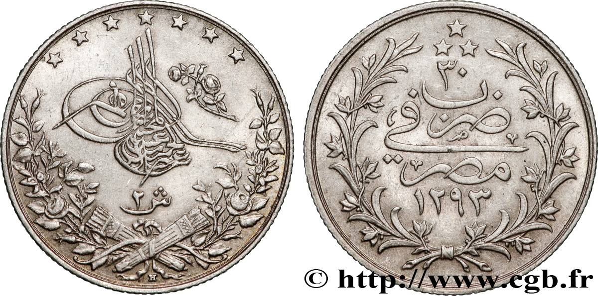 ÉGYPTE 2 Qirsh Abdul Hamid II an 30 AH 1293 1904 Misr TTB+ 