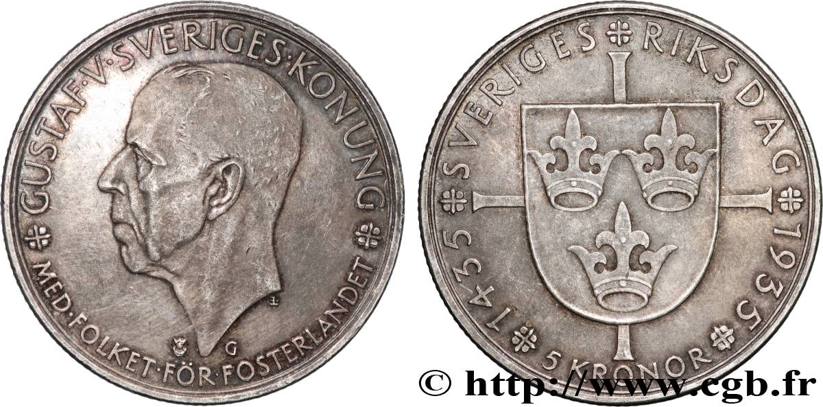 SWEDEN 5 Kronor Gustave V - 500e anniversaire du Riksdag 1935  AU 