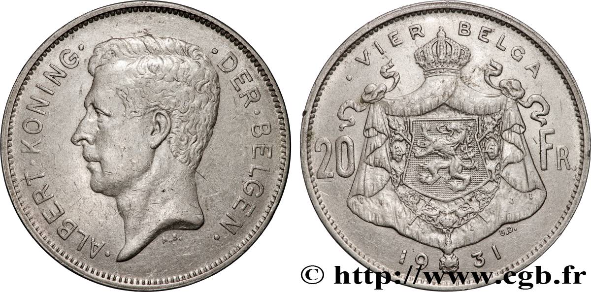 BELGIQUE 20 Francs - 4 Belga Albert Ier légende Flamande position B 1931  TTB 