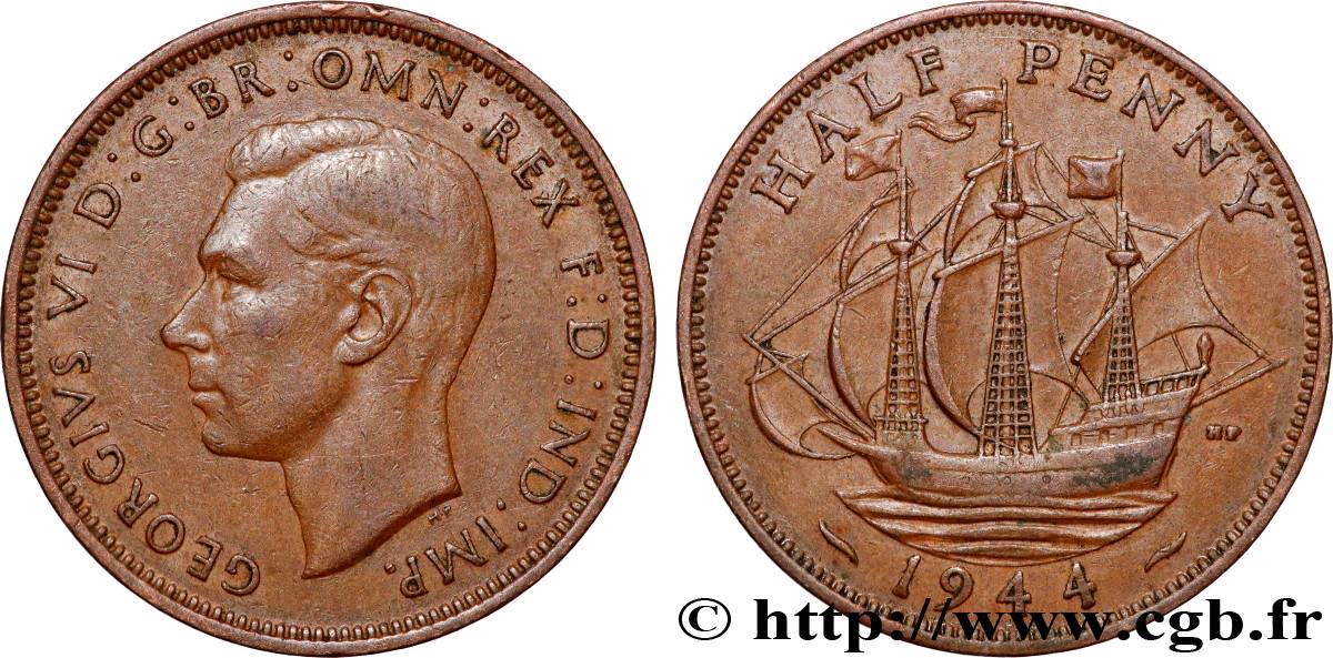 ROYAUME-UNI 1/2 Penny Georges VI 1944 Londres TTB 