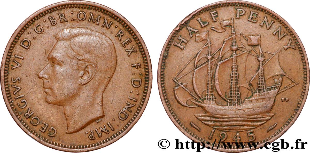 ROYAUME-UNI 1/2 Penny Georges VI 1945 Londres TTB 